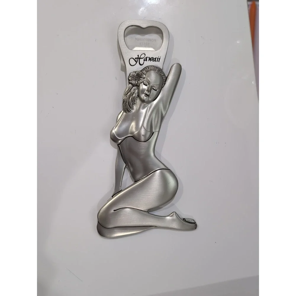 Hawaii Beer Bottle Opener WomanBikini‎ Tropical Flower Pewter Magnet 6